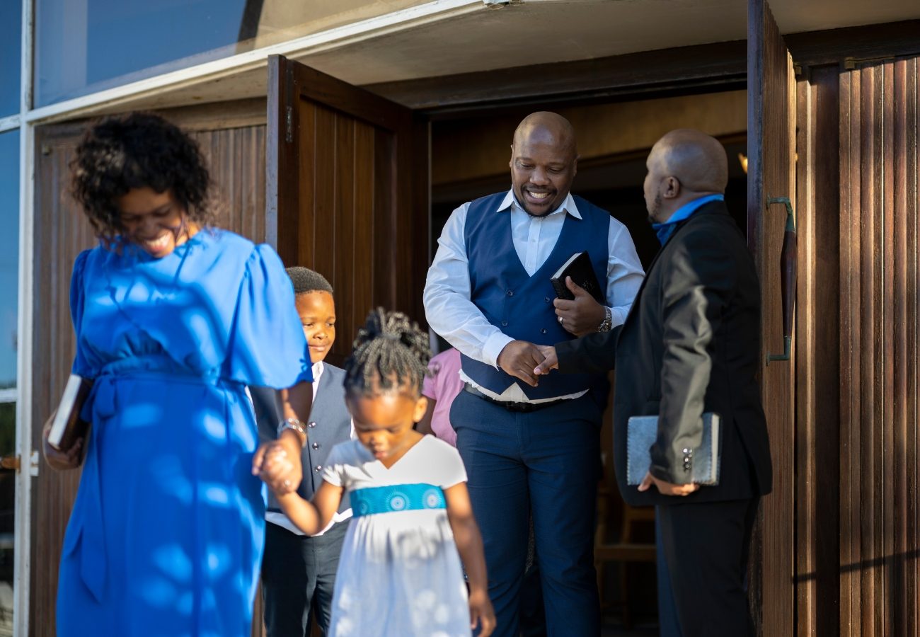 Families arriving for a Sunday service